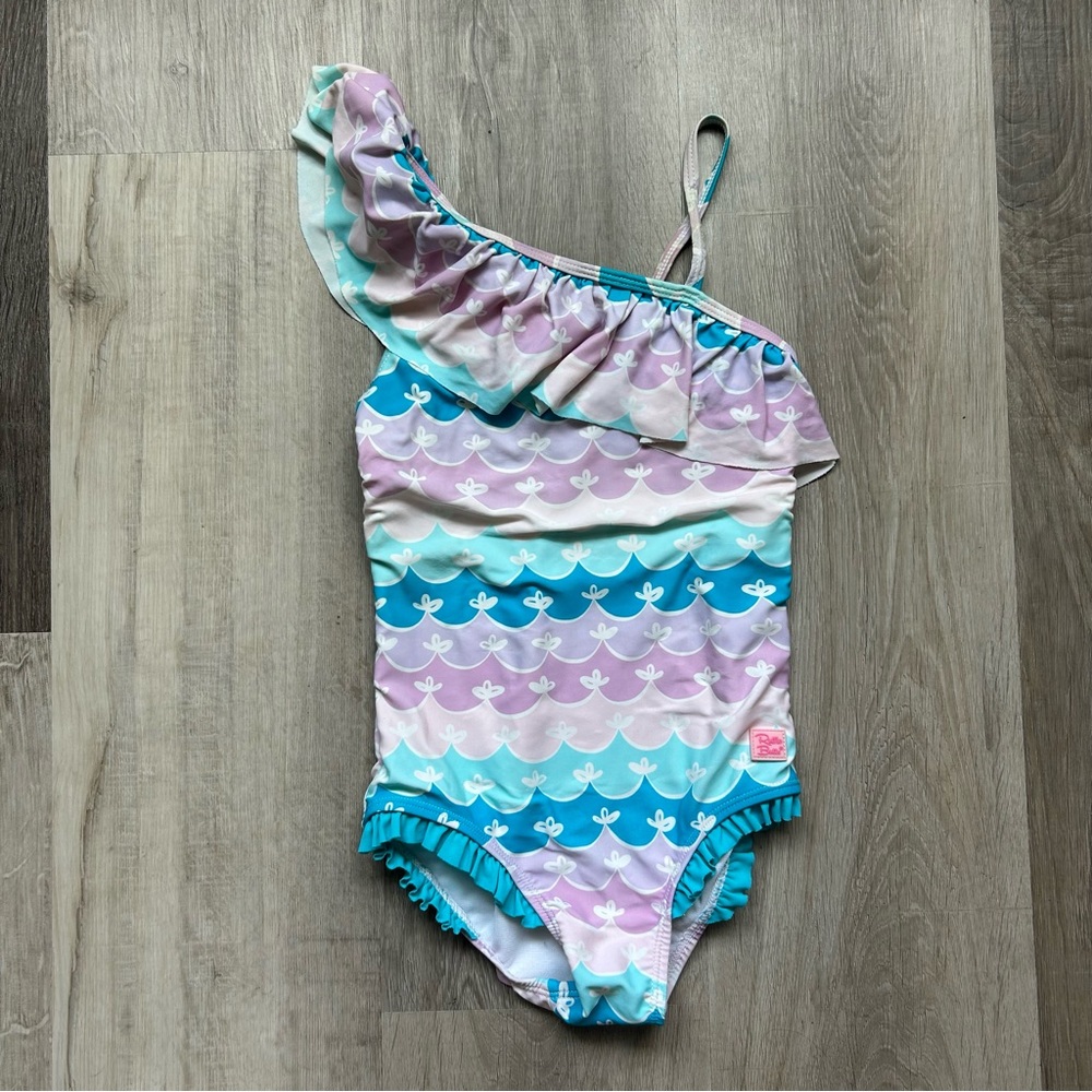 RuffleButts One-Shoulder Swimsuit - Blue and Purple